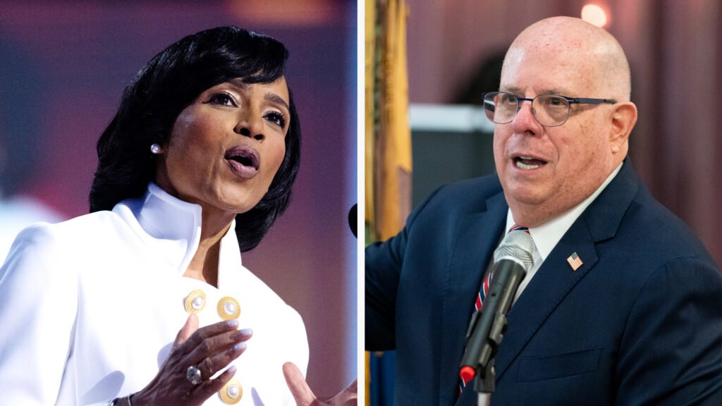 Prince George’s County Executive Angela Alsobrooks, a Democrat, is up against Republican and former Governor Larry Hogan in Maryland’s U.S. Senate race. Credit: Tom Williams/CQ-Roll Call and Nathan Howard/Getty Images