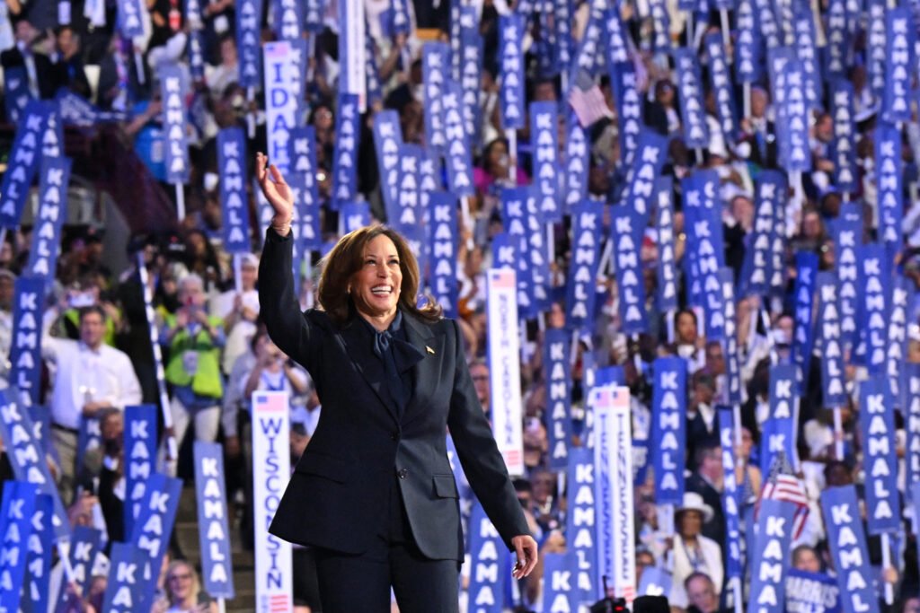 Vice President Kamala Harris arrives to speak on the fourth and last day of the Democratic National Convention in Chicago on Thursday. Credit: Robyn Beck/AFP via Getty Images