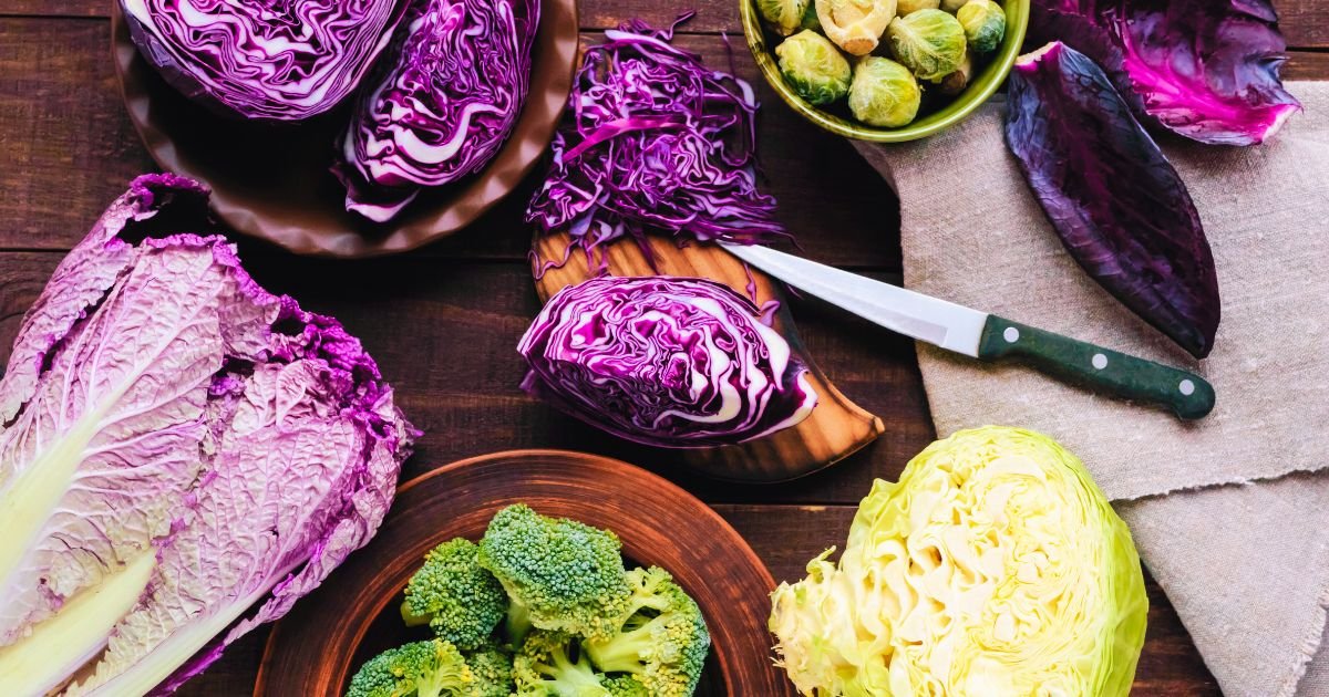 variety of cabbage, broccoli, and brussels sprouts