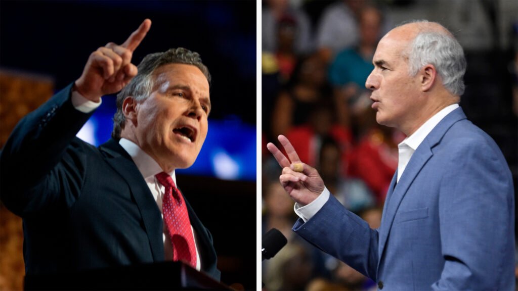 Republican Dave McCormick (left) is challenging Democratic Sen. Bob Casey in Pennsylvania’s race for U.S. Senate. Credit: Jacek Boczarski/Anadolu and Matthew Hatcher/AFP via Getty Images