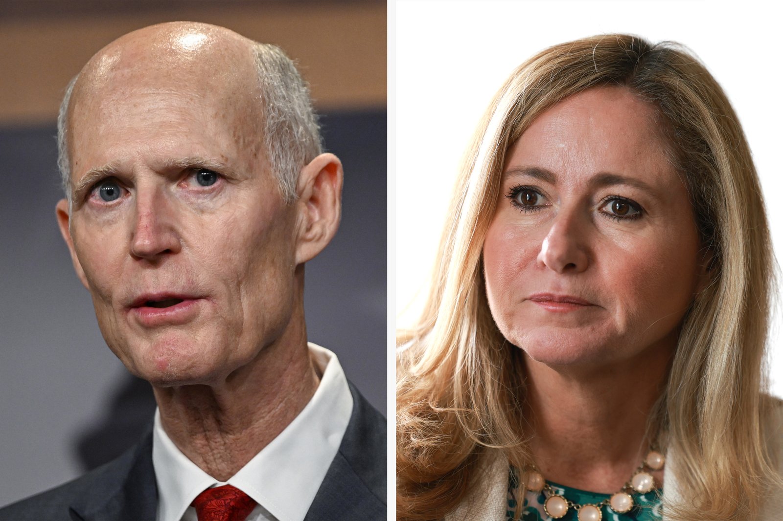 Sen. Rick Scott (R-Fla.) faces former U.S. Rep. Debbie Mucarsel-Powell, a Democrat, in Florida’s Senate race. Credit: Celal Gunes/Anadolu and Joe Raedle/Getty Images