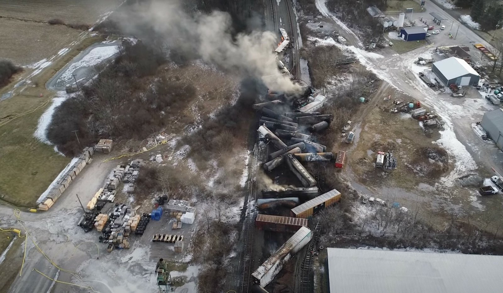 This video screenshot released by the U.S. National Transportation Safety Board shows the site of the derailed Norfolk Southern freight train in East Palestine, Ohio. Credit: NTSB/Handout via Xinhua