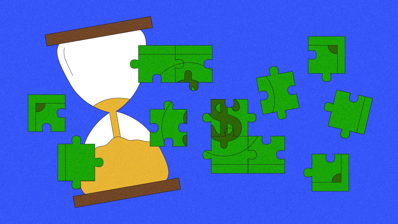 Illustration of hourglass and puzzle pieces combining to create a dollar bill