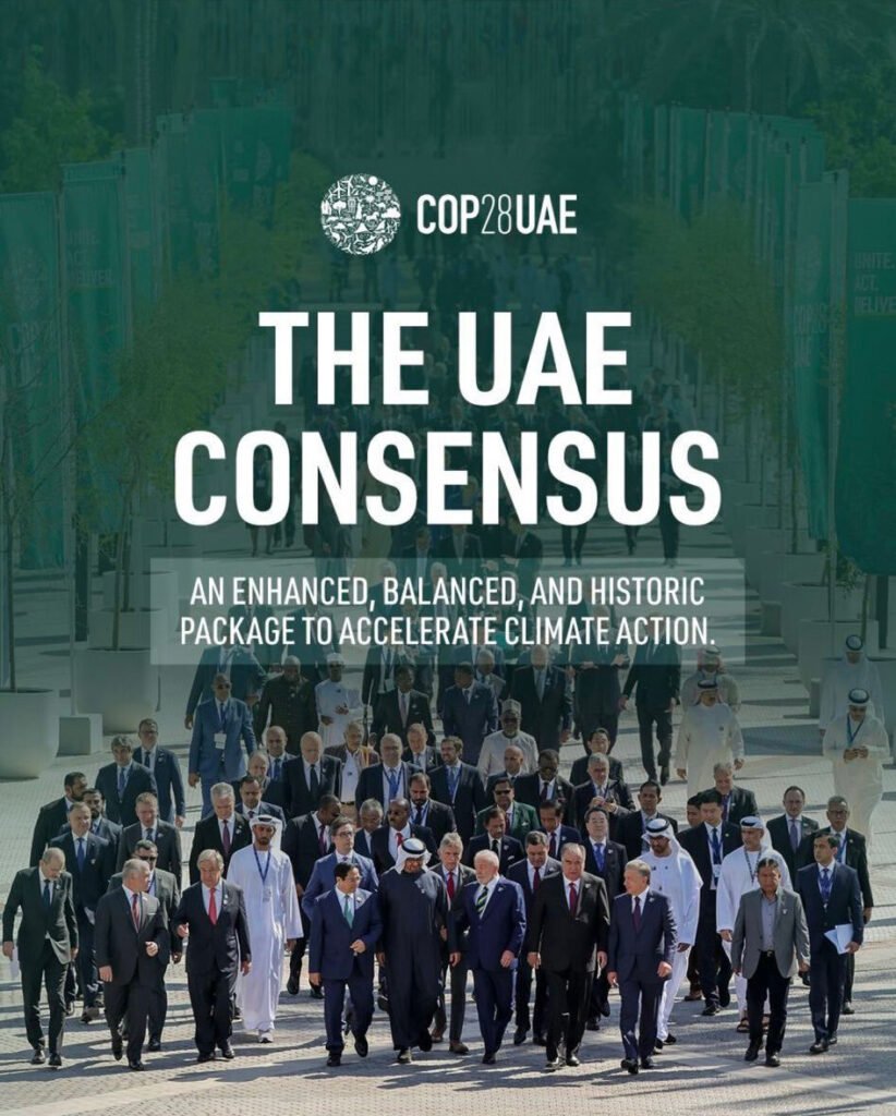 The image conference organizers released to promote the talk’s final agreement as last year’s COP28 in Dubai concluded.