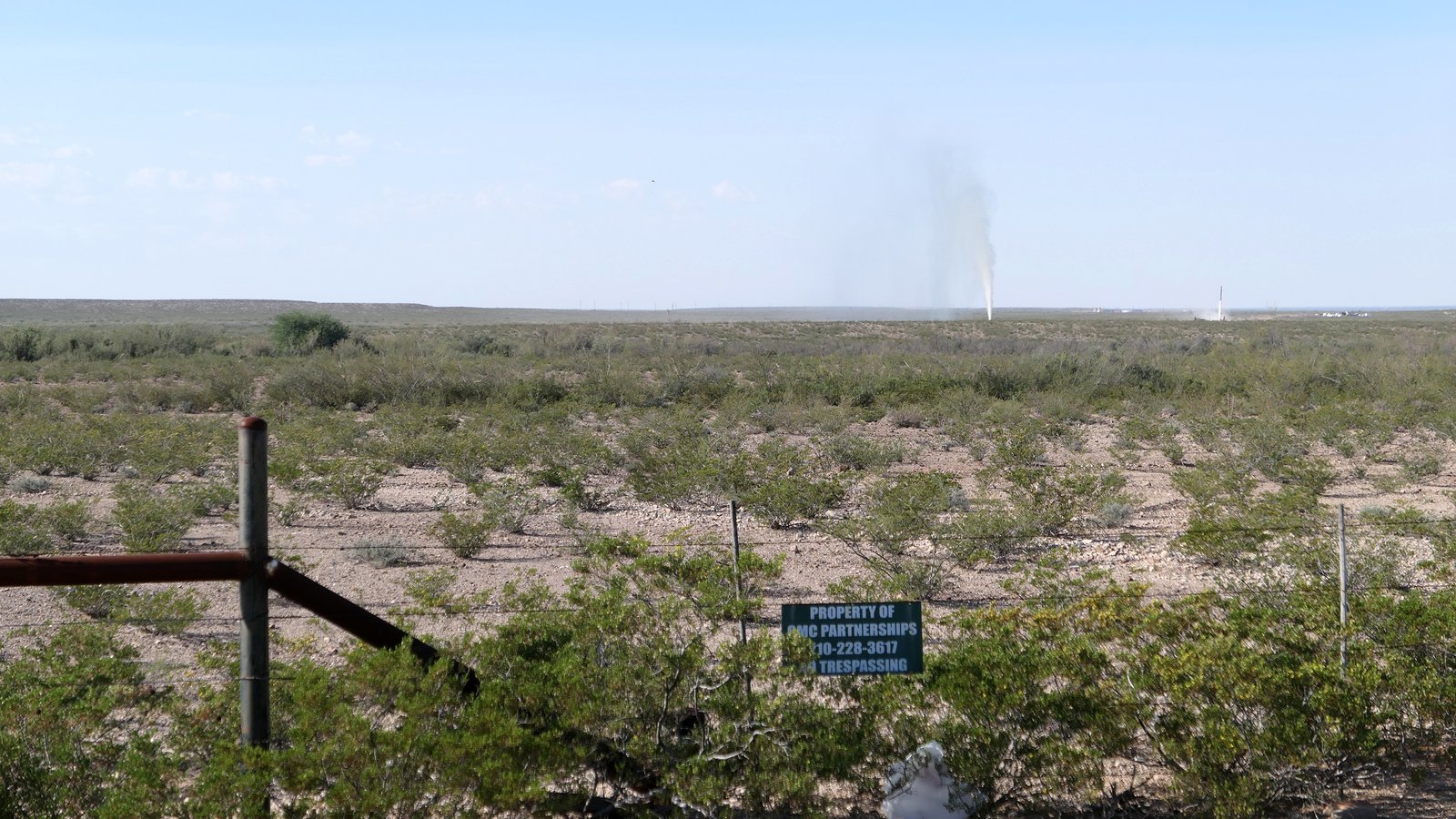 Salty water spewed out of the earth in Reeves County, Texas for weeks during October 2024. This geyser, one county over from Pecos County, was eventually plugged. Credit: Martha Pskowski/Inside Climate News